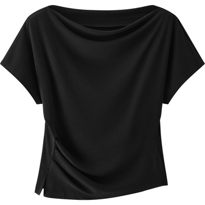 森马荡领连肩袖褶皱短款T恤女