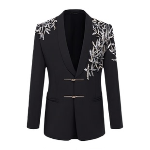 芭芃新中式西服男套装黑色新郎订婚结婚礼服舞台表演主持人演出服