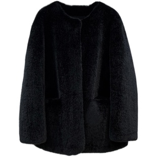 仿天鹅绒貂皮大衣皮毛一体圆领中长款金貂绒环保皮草女冬毛毛外套