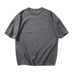 核爆炸磨毛磨边复古炒色做旧重磅全棉落肩袖宽松素色短袖打底t恤