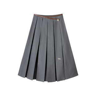 【未完成画布】Uena灰色设计感错位扣一片式中长款西装百褶半身裙