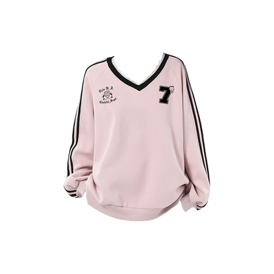 蕾丝V领印花撞色长袖卫衣女早秋