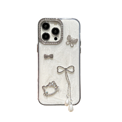 水钻蝴蝶结珍珠吊坠适用于MotorolaG85手机壳摩托罗拉Edge50pro高级感40neo缕空KT猫E22滴胶G04珠光白G13手链