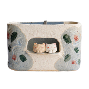 可爱猫咪盒日本蚊香炉驱蚊器花器陶制熏香炉盘香炉日式家居摆件