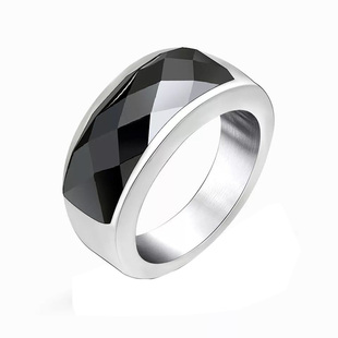 不掉色 经典百搭黑玛瑙戒指男士食指戒潮 个性指环钛钢介子
