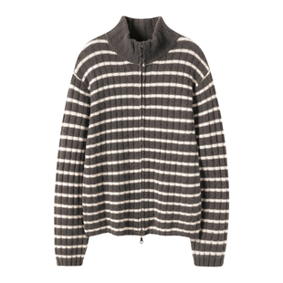 460克 7针撞色条纹半高领小山羊绒开衫女加厚双拉锁针织毛衣外套