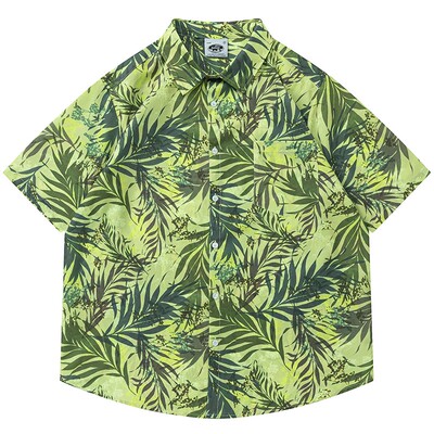 叶子满印短袖衬衫宽松休闲百搭