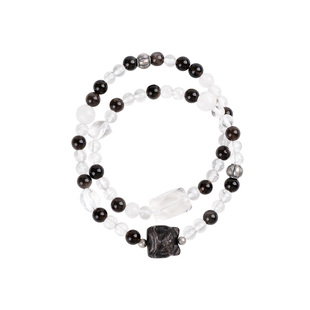 【睿智清醒】黑曜石白水晶醒狮双圈手链范李李防护静心明澈手串