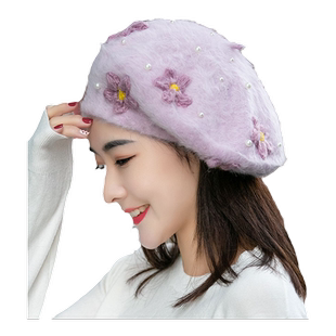 新款蓓蕾帽复古甜美针织兔毛纱贝雷帽时尚手钩花朵森女保暖画家帽