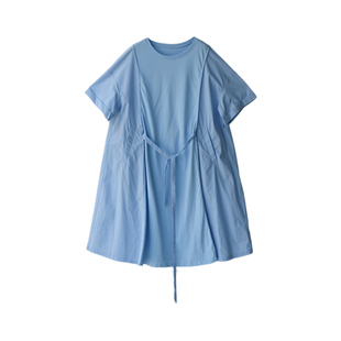 特●Q75000 通勤休闲圆领短袖纯棉拼接A字摆收腰连衣裙夏米兰宣言