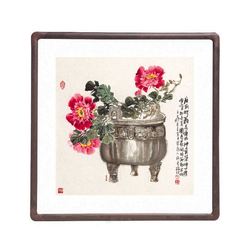 新中式陈葆棣鼎盛牡丹斗方挂画