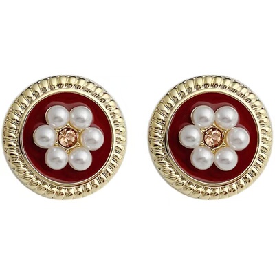 阿婉Wan 高级感复古酒红珍珠耳钉简约圆形无耳洞蚊香盘耳夹耳饰