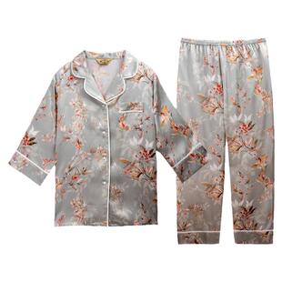 美标100%真丝睡衣女中长袖夏季桑蚕丝大码家居服套装妈妈可外穿
