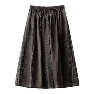 梭家｜野蔷薇｜手工印花 民族风花色亚麻半身裙秋天拍照中长裙