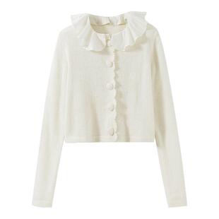 【霍尔特西奥】绵羊毛+马海毛 小香风复古荷叶边拼接针织开衫上衣