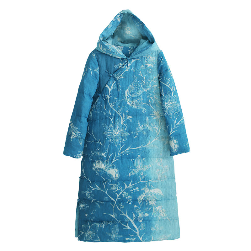 亚麻印花斜襟加厚羽绒服女冬季