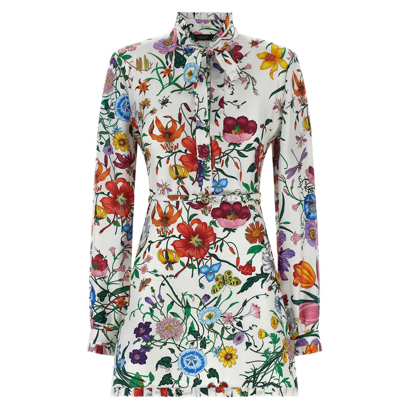 GUCCI 古驰腰带领带细节真丝印花连衣裙26早春新款意大利代购正品