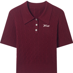 【不易起球】衣香丽影红色短袖针织衫2025秋冬新款可机洗丝绒上衣