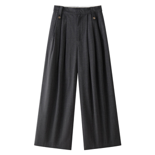 ManMans羊毛灰色条纹西裤秋冬新款韩版质感宽松挺括休闲长裤女