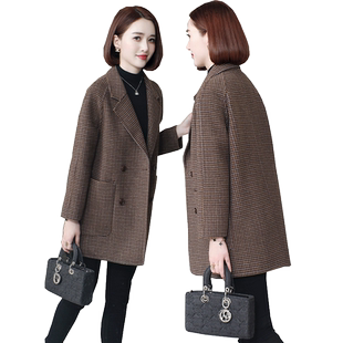 千鸟格西服外套女复古中年妈妈双面呢大衣2024年秋冬新款羊毛呢子