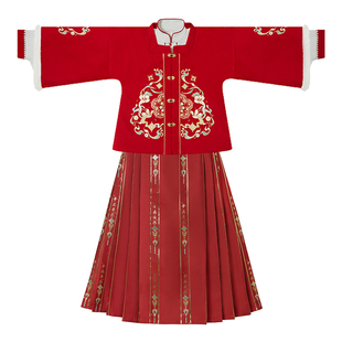 高端女童汉服明制方领披袄织金马面套装中国风加绒新年喜庆拜年服