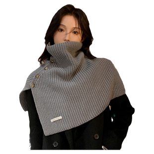 新款钮扣围脖女秋冬季韩版百搭套头保暖护颈脖套外搭开叉针织披肩