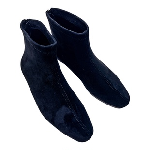 小码313233平底方头短靴黑色绒面后拉链女靴大码41-43保暖瘦瘦靴