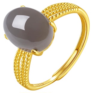 天然烟紫和田玉蛋面戒指女925银复古可调节活口新中式素面手饰品