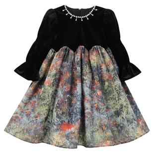 女童长袖连衣裙秋冬2025新款赫本风黑色丝绒礼服女孩洋气公主裙子