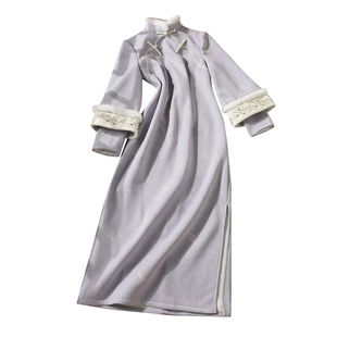 忆南栀蓝色秋冬旗袍新中式高端大气上档次年轻款冬装加绒加厚过冬