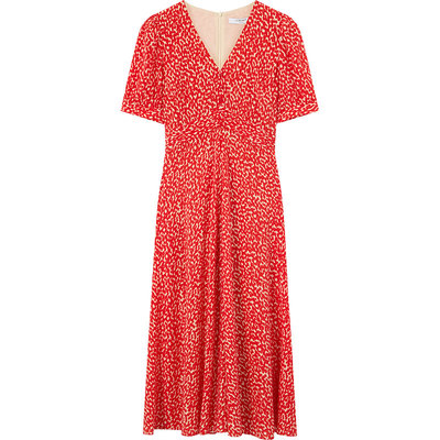 lkbennett红色印花连衣裙2025年春夏新款v领收腰桑蚕丝法式茶歇裙