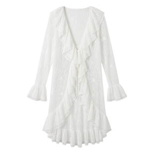 KELLY TINA 浪漫蕾丝风白色荷叶边雪纺罩衫女中长款系带仙气开衫