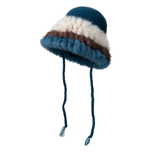 兔毛针织帽女秋冬百搭显脸小加厚保暖系绳盆帽大头围毛绒渔夫帽子