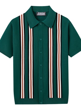 夏季男士绿色条纹修身短袖Polo衫