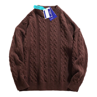 WASSUP潮牌棉致麻花毛衣男款圆领宽松ins潮流秋冬复古针织衫上衣
