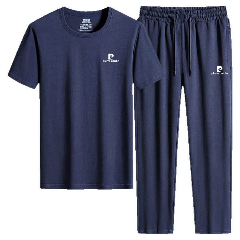 皮尔卡丹纯棉运动套装男夏季青中年薄款短袖T恤跑步运动服男宽松