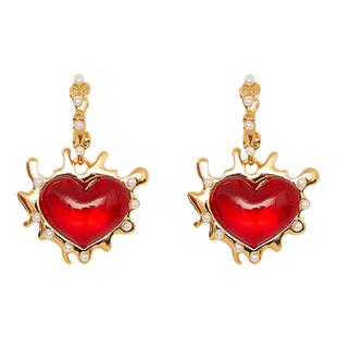 Oups赵露思白鹿同款火焰爱心耳环设计感红色珍珠心形女耳饰s925银