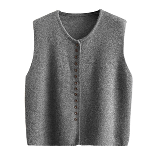 韩系简约纯色单排扣圆领毛衣马甲女春秋宽松软糯叠穿针织背心开衫