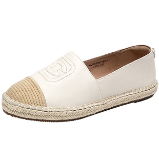 千百度编织休闲渔夫鞋女气质百搭新款草编底平底真皮舒适浅口单鞋