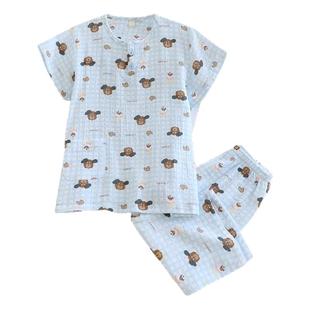 日系2025新儿童夏季薄纯棉纱布睡衣短袖7分裤棉纱男童透气家居服