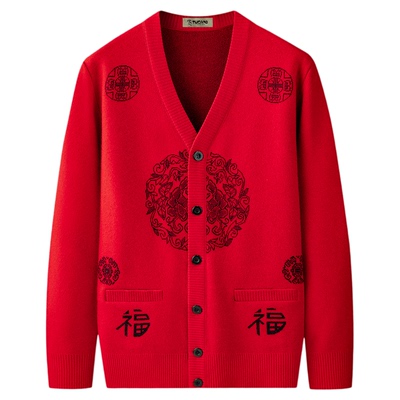 啄木鸟男士红色羊毛衫一体绒毛衣