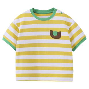 [纯棉]齐齐熊男童短袖T恤夏季宝宝条纹半袖上衣针织衫女儿童薄款