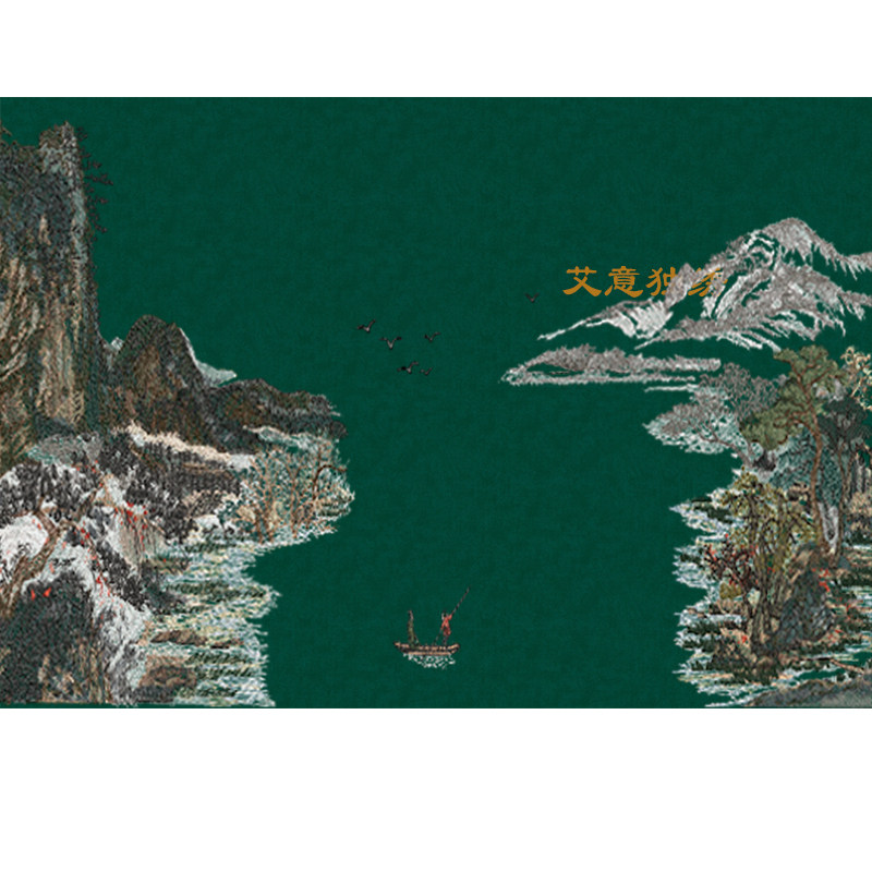 独绣山水沙发墙布现代中式刺绣