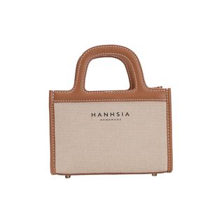 函夏手工迷你拼接真皮托特包亚麻单肩斜挎小号手提包复古高级女包