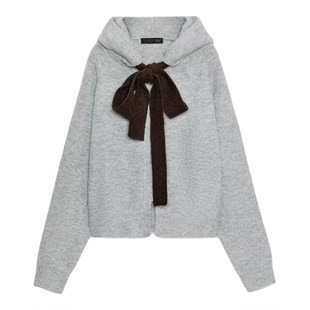 ZA外贸出口女装学院风法式礼节装饰蝴蝶结针织连帽外套 5536129