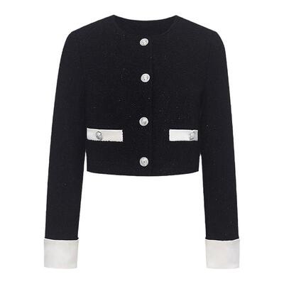 RECIT拼接缎面黑色小香风短外套