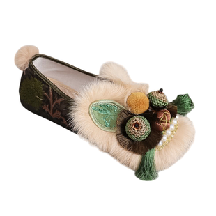 绿野仙踪2026新款国风虎头鞋真兔毛平底鞋手工布鞋民族风非遗女鞋