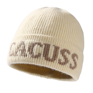 CACUSS帽子女款秋冬针织帽显脸小包头帽保暖字母毛线帽大头围冷帽