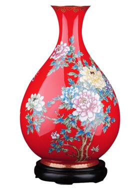 手绘珐琅彩花瓶陶瓷摆件客厅插花红色花瓶新中式中国红复古仿古HY