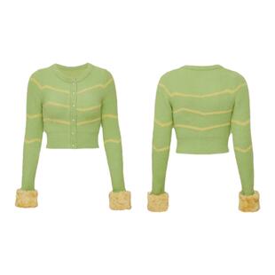 Palavas桃花坞吉娜雎晓雯同款黄绿拼接条纹长袖针织高克重毛衣女